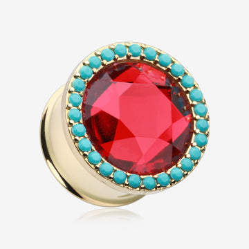 A Pair of Golden Sparkle Turquoise Ear Gauge Plug-Turquoise/Red